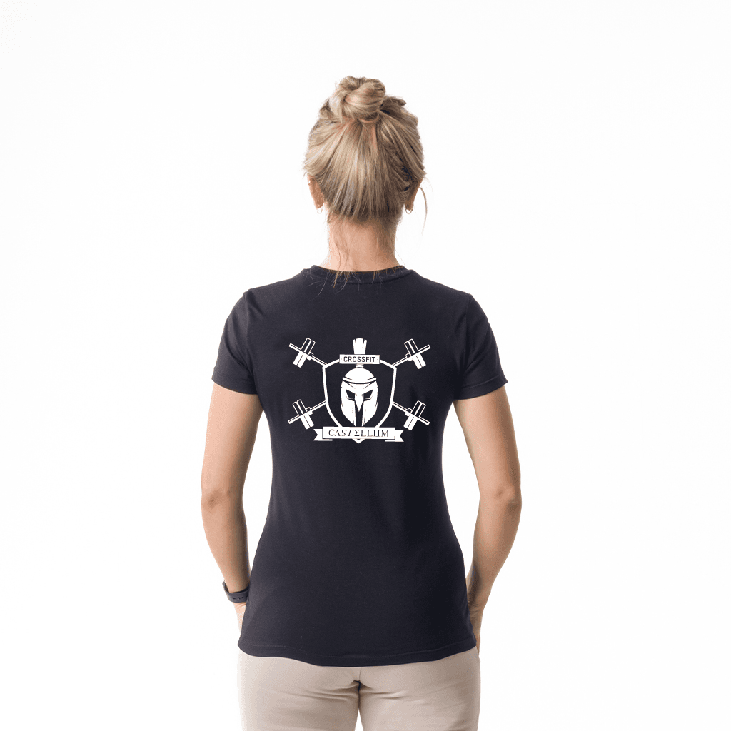Zwart T-shirt met het Castellum schildlogo groot op de rug
