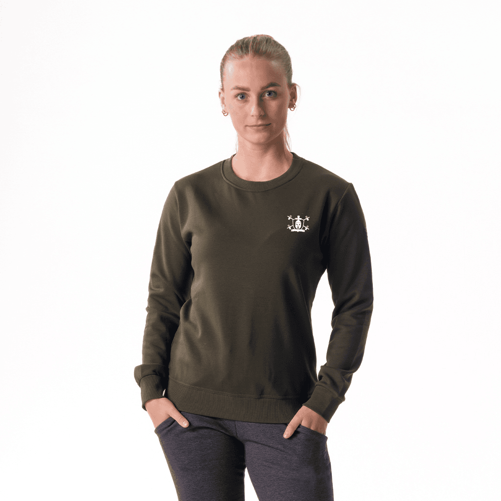 Olijfgroene sweater met het Castellum schildlogo klein op de borst