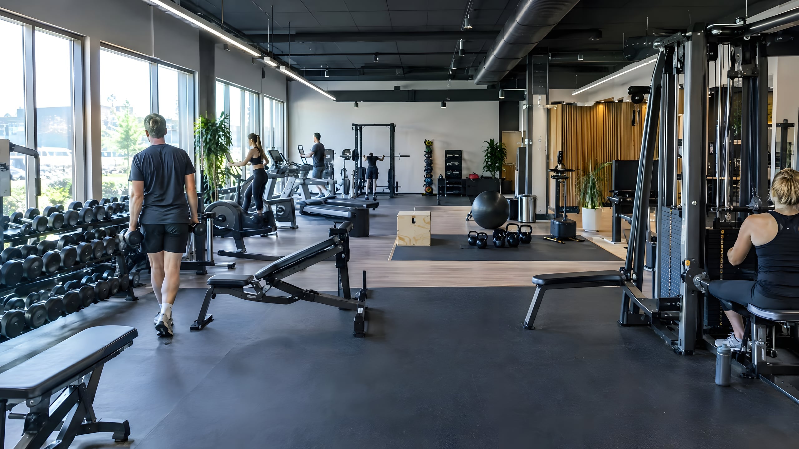 Ruime trainingszaal met halterrekken, dumbbells en cardiotoestellen, waar een paar sporters aan het trainen zijn